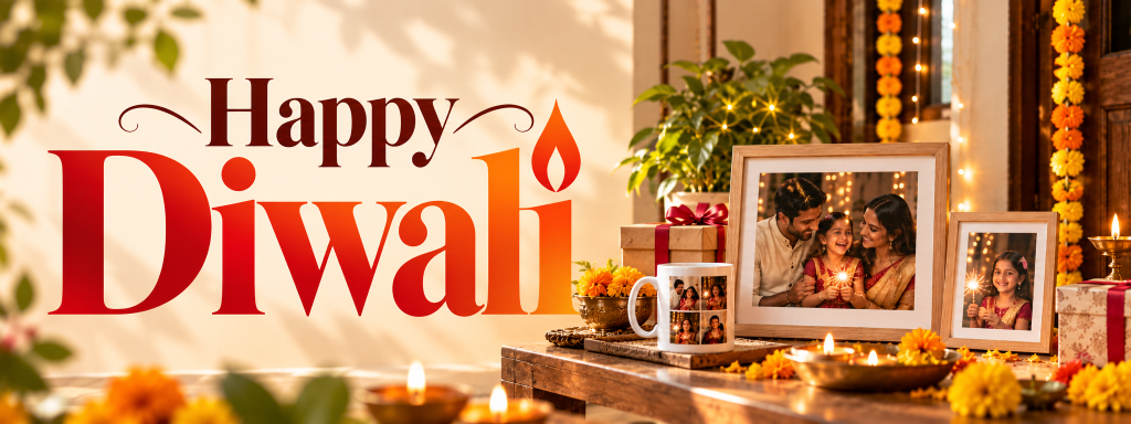 Happy Diwali - Customized photo mugs, warm glowing diya lights and family portrait frames