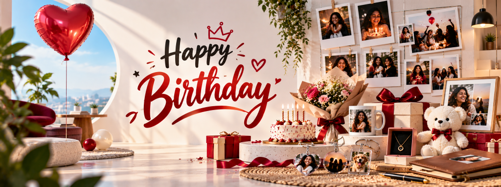 Happy Birthday - Photo wall collage prints, personalized mugs, cake and celebration hampers